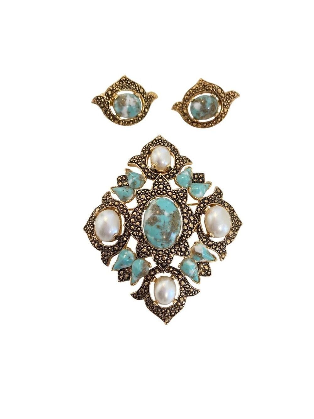 Vintage Sarah Coventry Turquoise & Pearl Clip-On Earrings With Matching Brooch